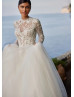 Long Sleeves Beaded Ivory Lace Tulle Floral Garden Wedding Dress